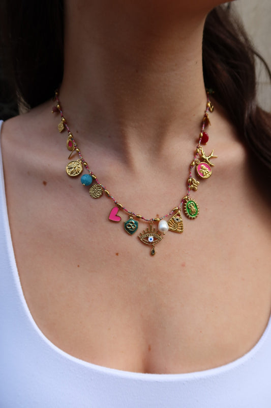 Collier boho oeil rose